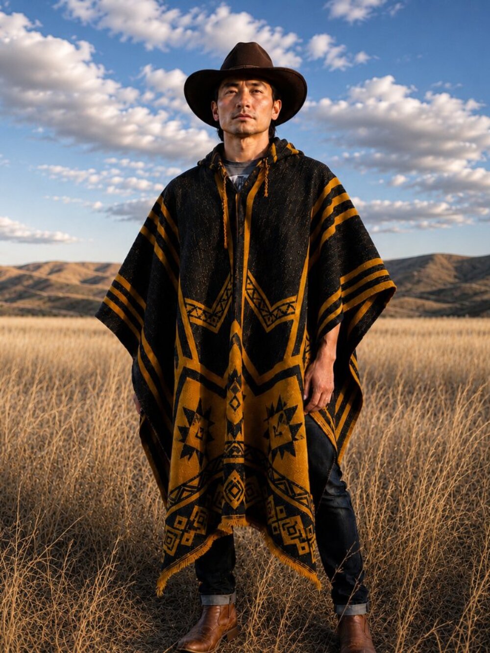 Handwoven Native American Hooded Wool Poncho - 100% Highland Wool Pullover Coat